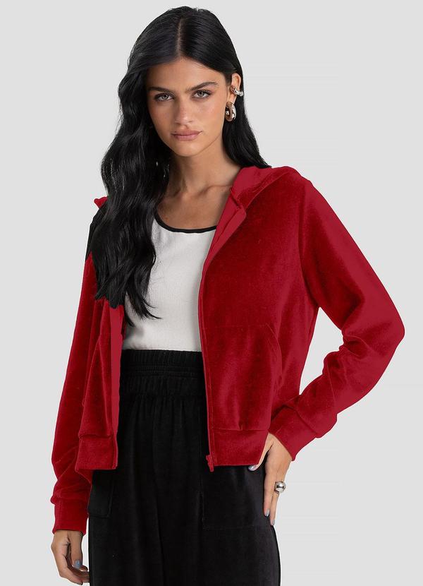 Jaqueta Feminina Plush com Capuz Vermelho