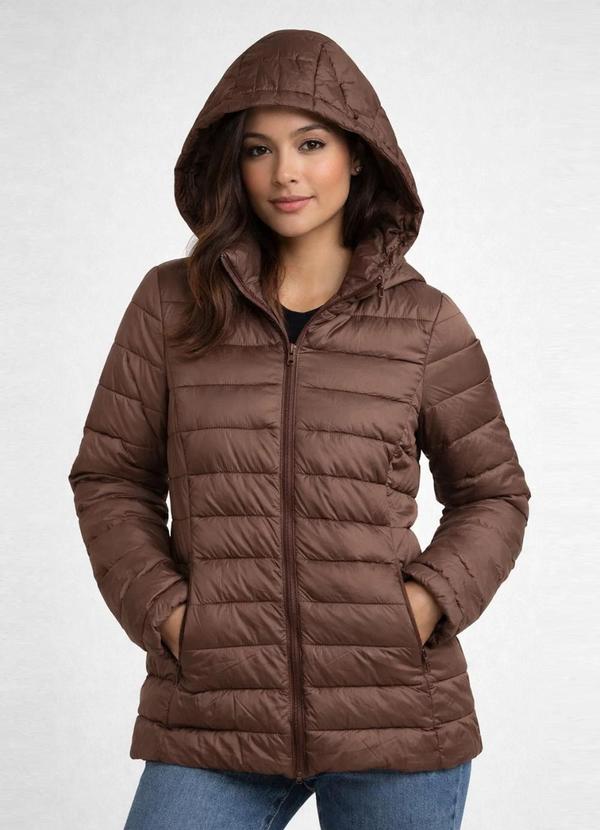 Jaqueta Puffer Feminina com Capuz Marrom