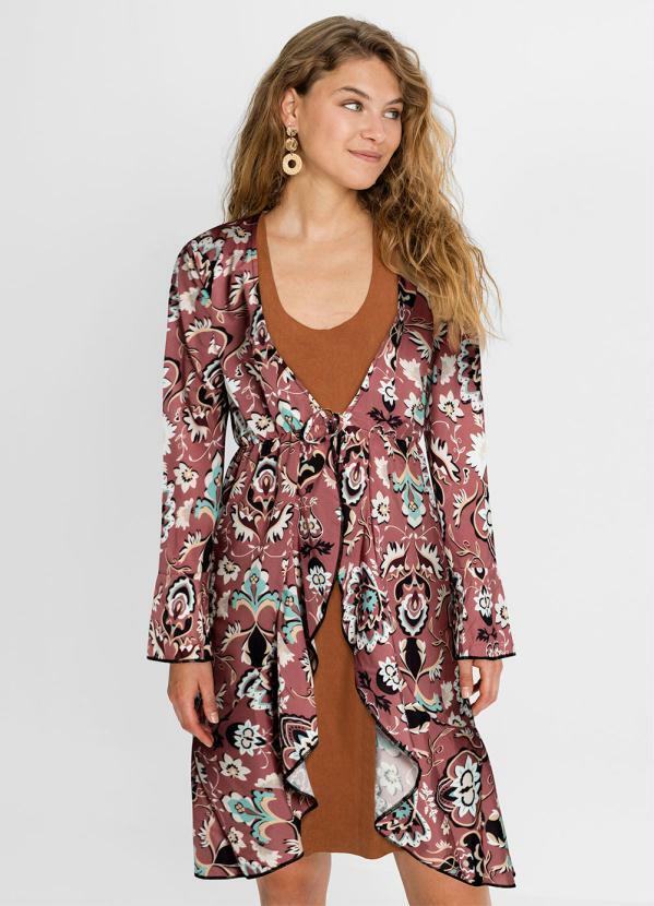 Kimono com Amarração Floral Étnico Bordô