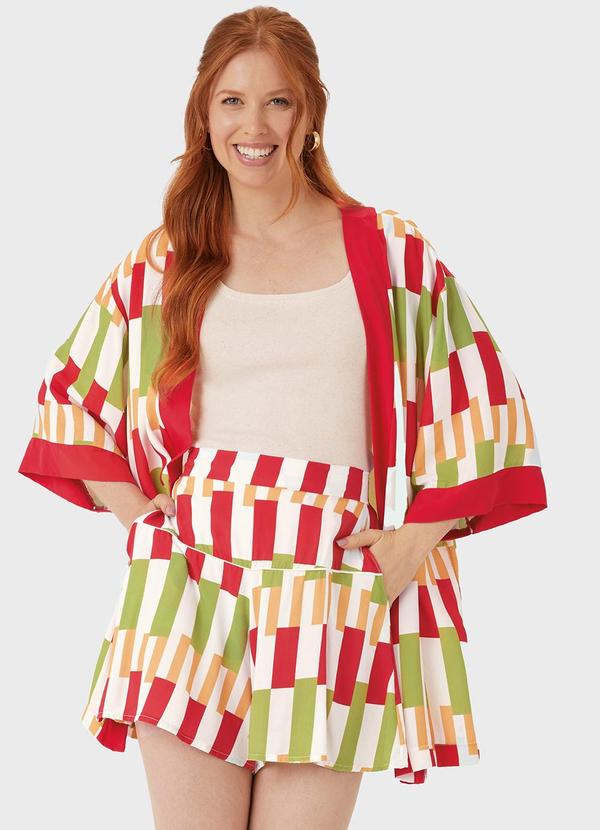 Kimono Geométrico em Viscose Vermelho