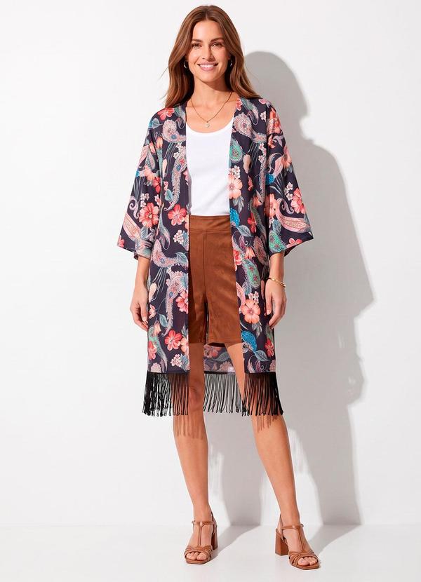 Kimono Paisley Preto em Tecido Plano com Franjas