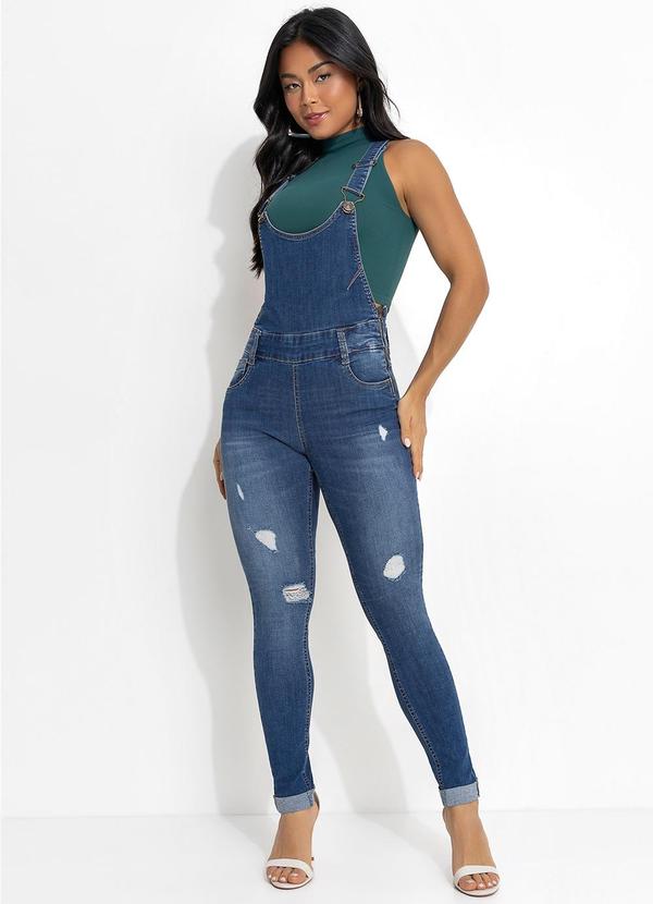 Vista 2 Jardineira Sawary Jeans Cigarrete com Puídos Sawary Jeans