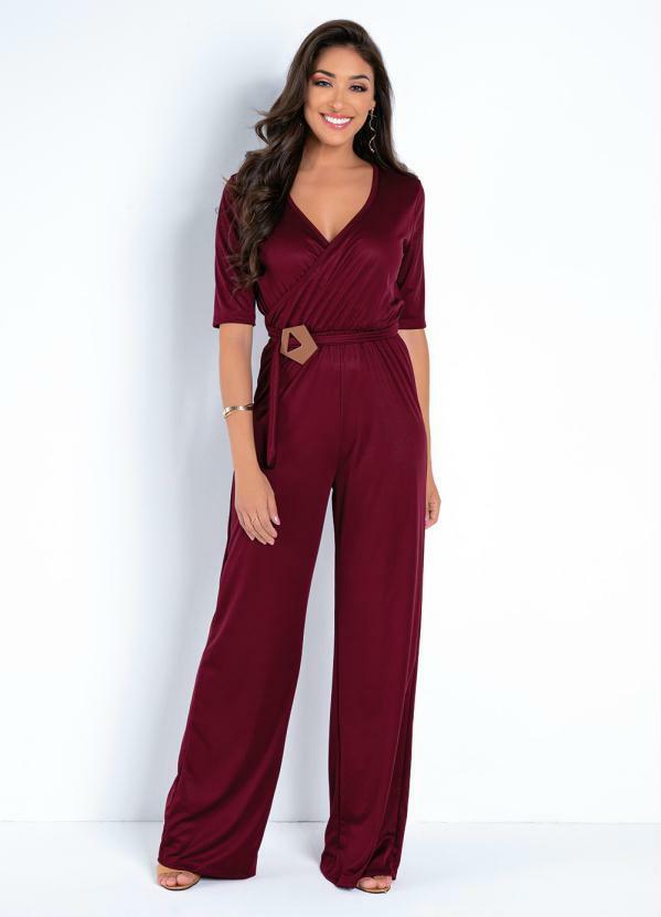 Macacão Bordô Pantalona com Fivela na Cintura