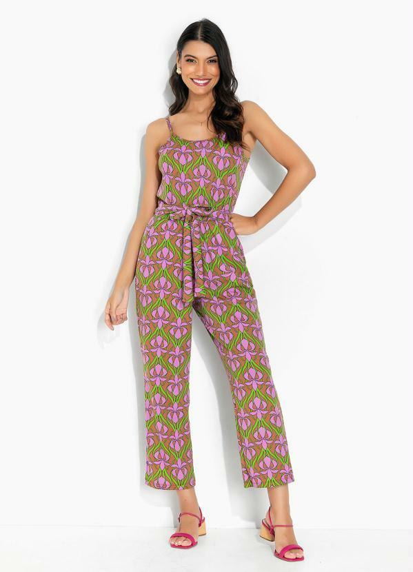 Vista 2 Macacão Flora Retrô Roxo com Amarração Moda Pop Moda Pop