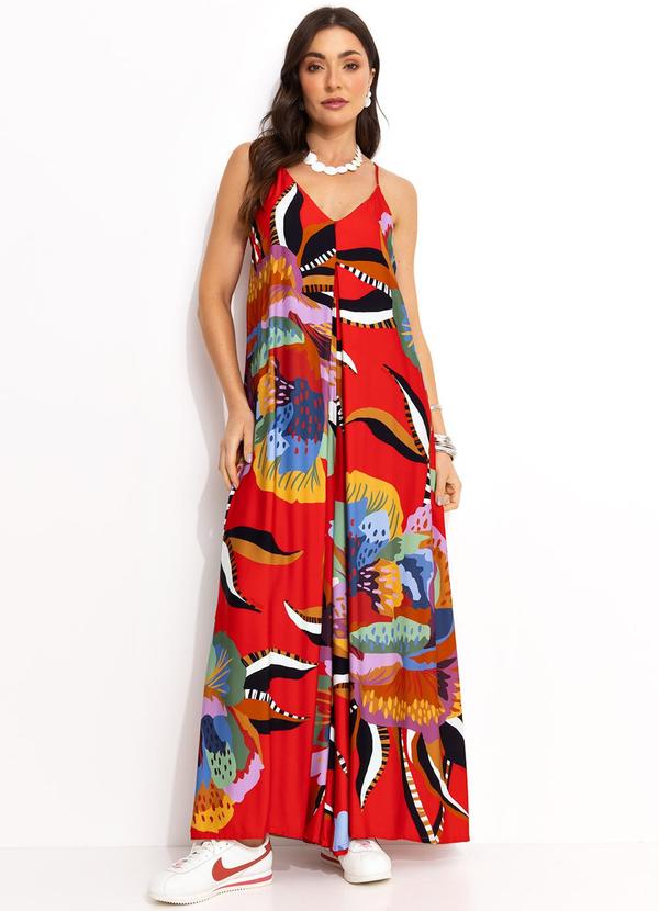 Macacão Floral em Viscose Vermelho