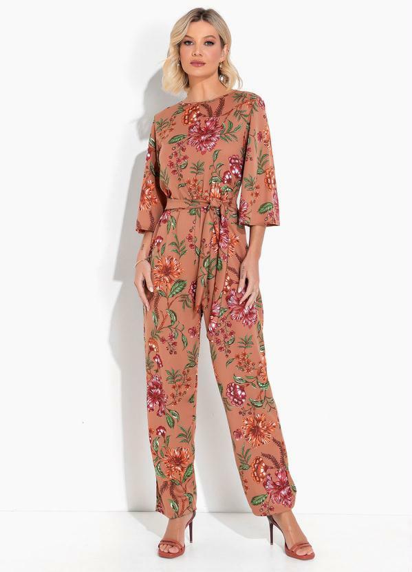 Macacão Floral Marrom com Amarração e Faixa