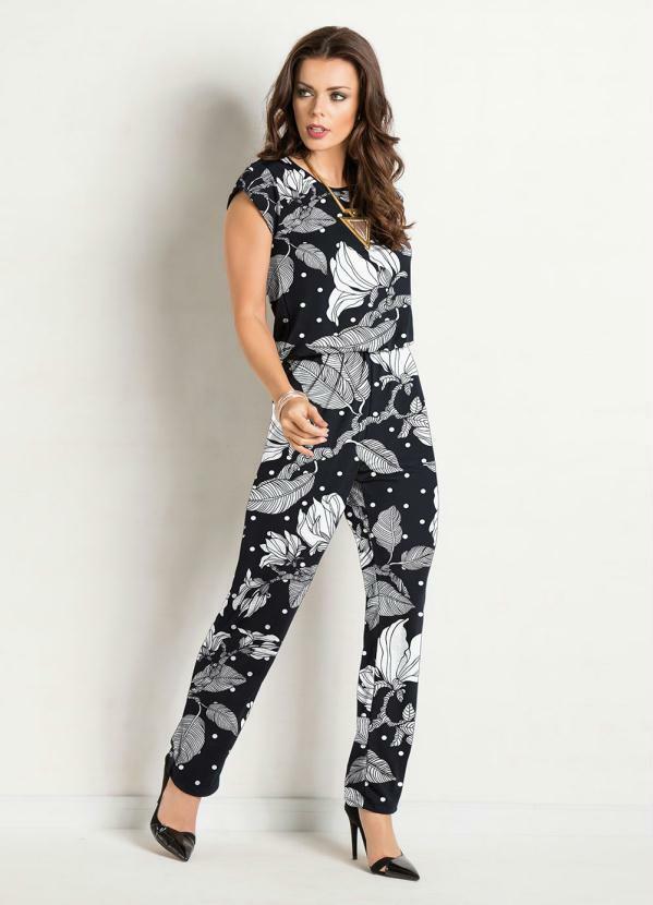 Vista 2 Macacão Floral Preta Costas Gota e Amarração Moda Pop Moda Pop