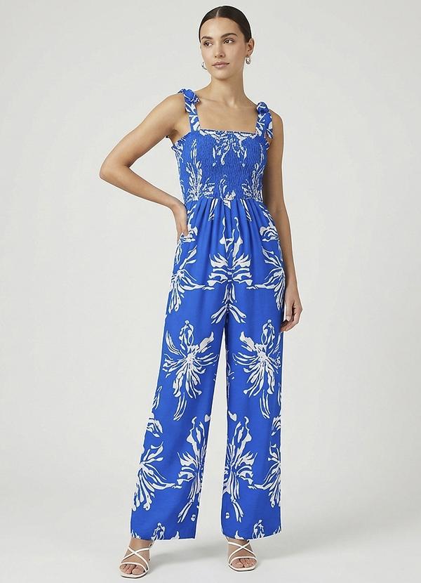 Vista 2 Macacão Longo Feminino de Lastex Estampado Azul Select Select