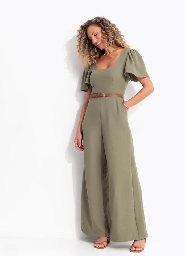Macacão Pantalona Verde Oliva em Crepe com Decote Quadrado e Manga Curta