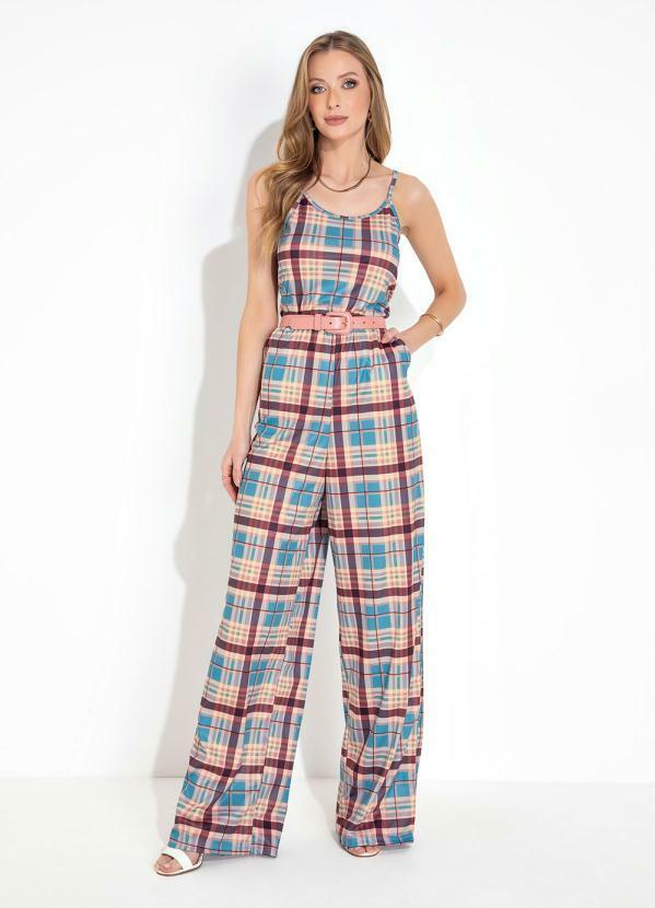 Macacão Xadrez Marrom Modelo Pantalona com Alças