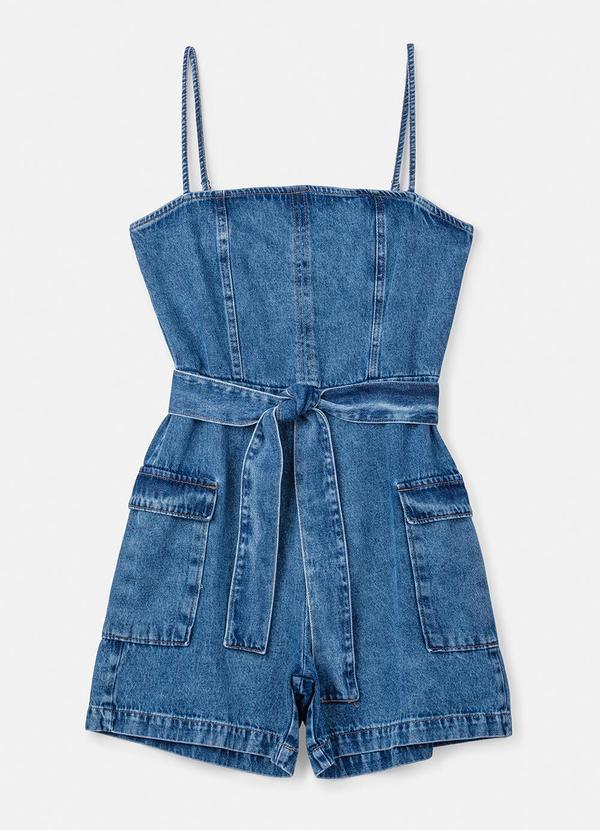Macaquinho Jeans com Cinto Faixa Azul