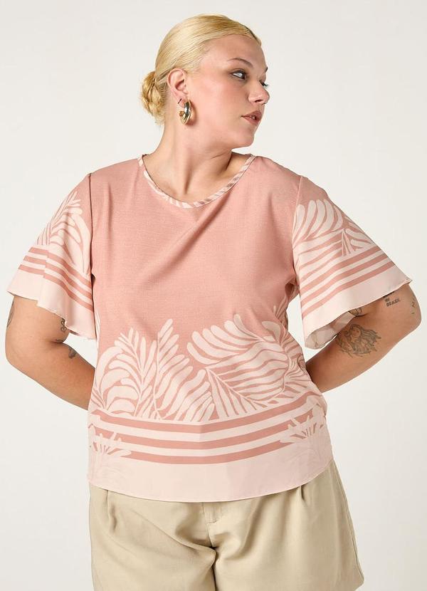 Blusa com Mangas Fluidas e Gola Canoa Leafs Rose