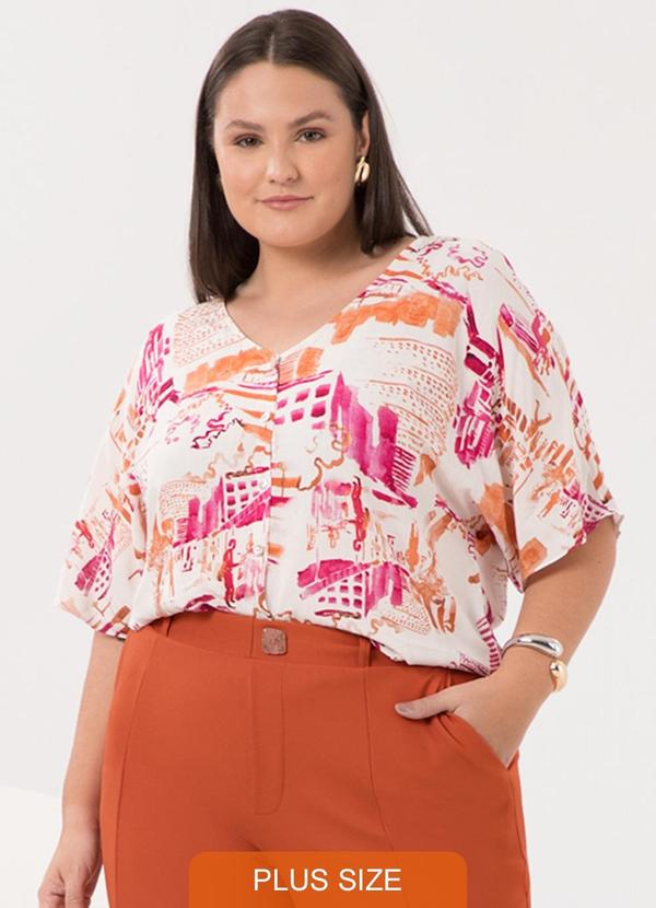 Camisa Estampada D com Decote em V Laranja