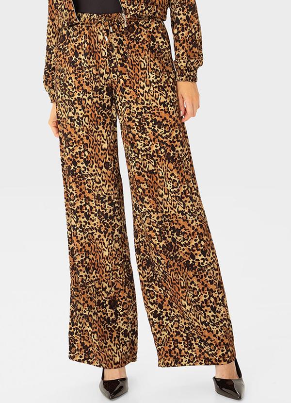Calça Wide Leg Animal Print Marrom