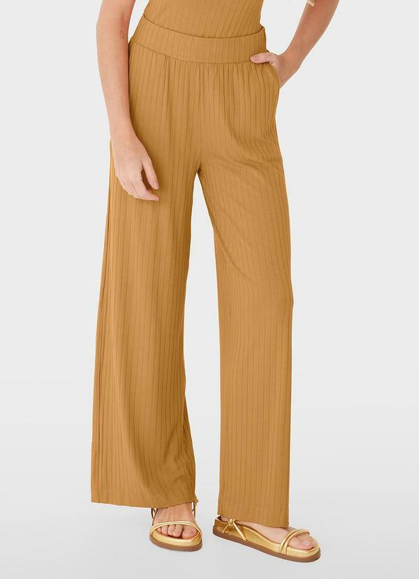 Calça Wide Leg Canelada Amarelo Mostarda