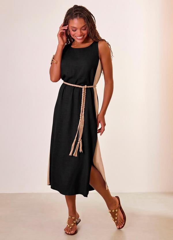 Vestido Midi com Cinto em Trancas Preto