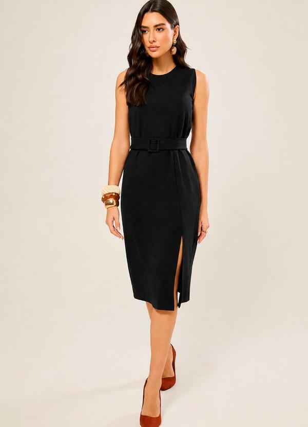 Vestido Midi com Cinto Preto