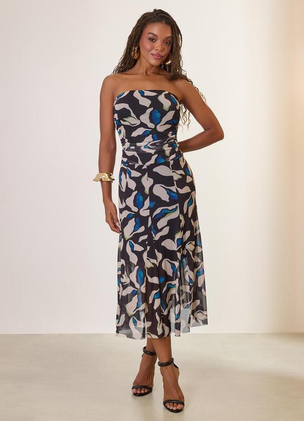 Vestido Tomara que Caia Tule Estampado Preto
