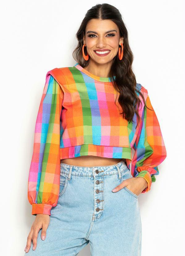 Casaco Cropped de Moletinho Xadrez de Inverno Estampado