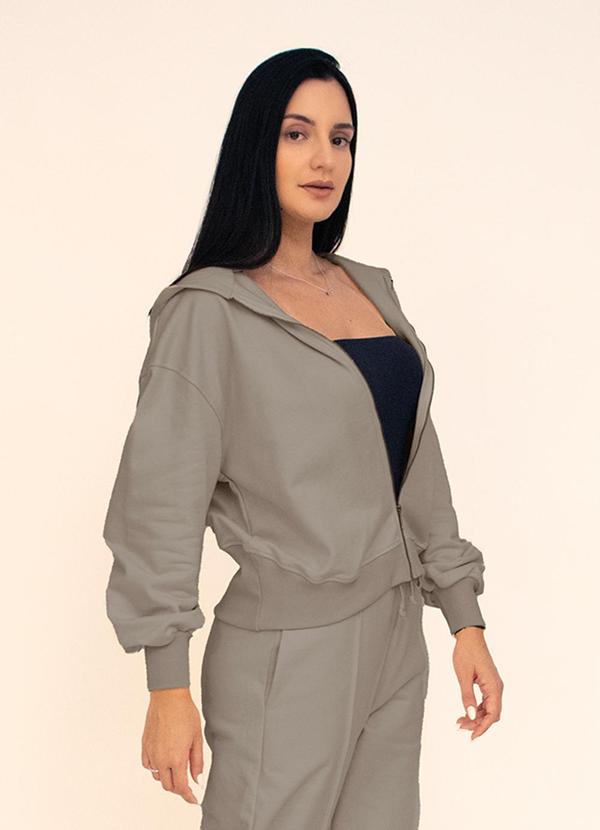 Casaco Feminino Cropped com Capuz e Zíper Cinza