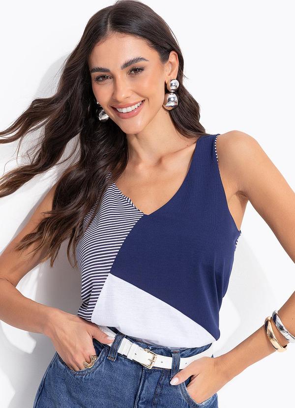Blusa Azul Escuro em Meia Malha Listrada