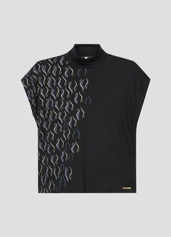 Blusa Feminina com Estampa Metalizada Gola Alta Preto
