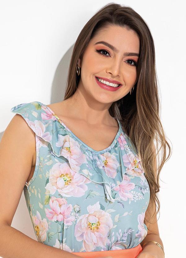 Vista 2 Blusa Floral Azul em Jersey Acetinado Rosalie Rosalie