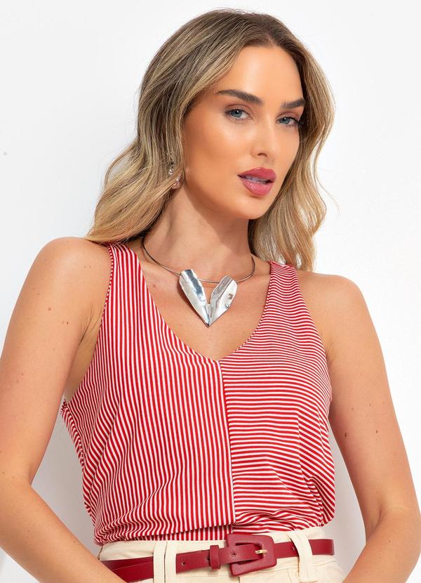 Blusa Listrado Vermelho em Meia Malha Listrada