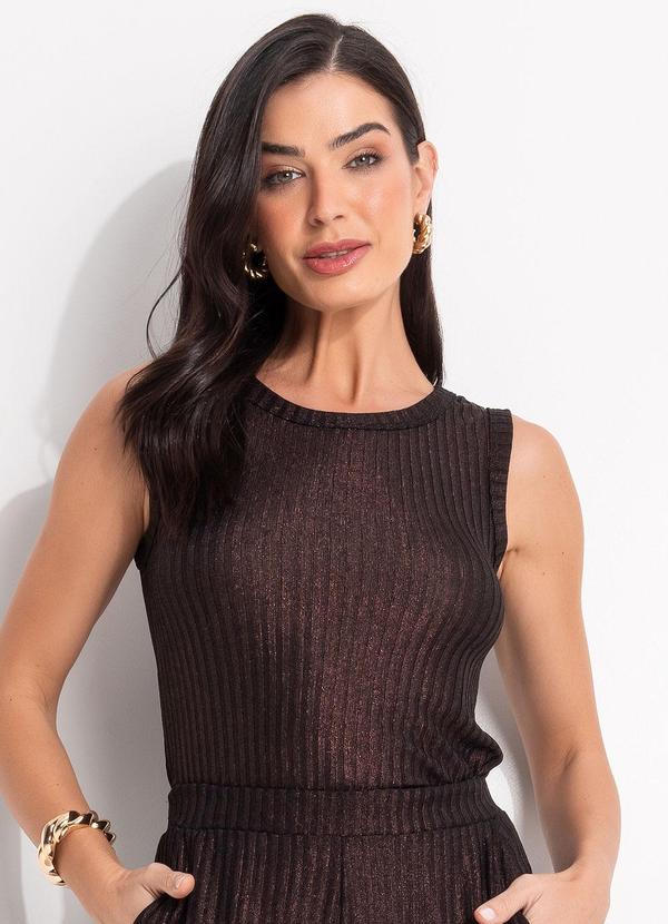 Blusa Marrom em Malha Canelada com Lurex
