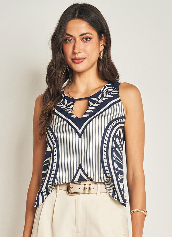 Blusa sem Manga em Sarja e Malha Viscose Azul