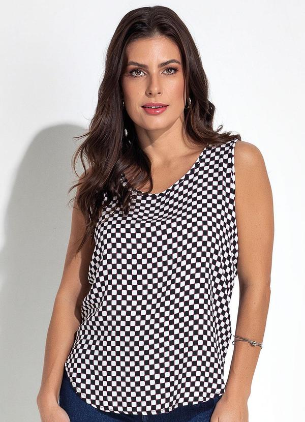 Regata Geométrico Preto e Rosa em Viscose Plana