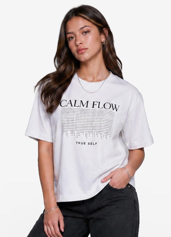 T-Shirt Feminina Meia Malha com Estampa Branco