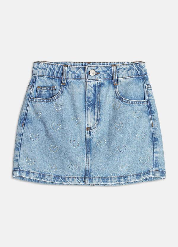 Saia Denim com Strass de Coração Azul