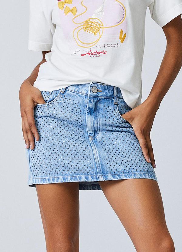 Vista 2 Saia Jeans com Strass Azul Authoria Authoria