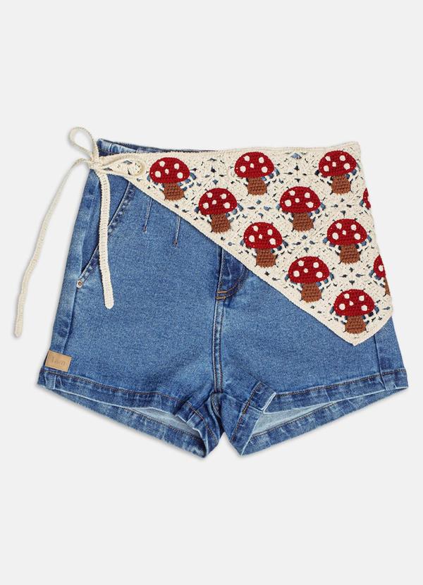 Short Jeans com Bandana em Crochê Azul