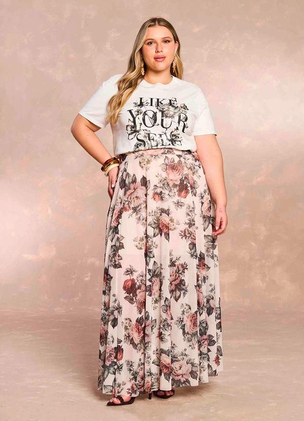 Saia Longa Aquarela Rose em Tule Estampado