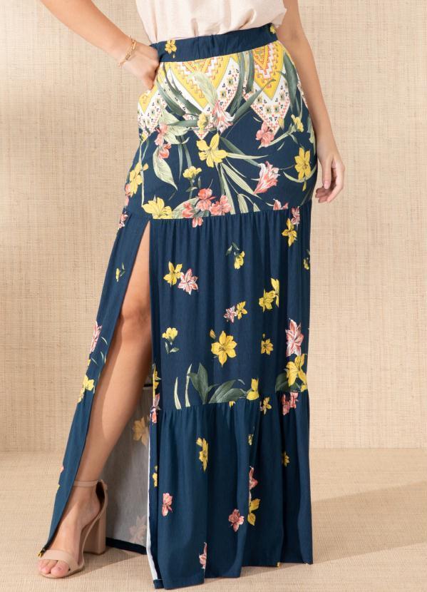 Saia Longa Floral Barrado com Bolsos e Fenda