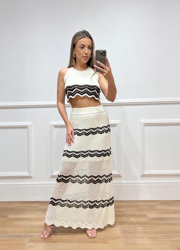 Saia Longa Preta Elegante Feminina Off White