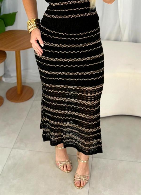 Vista 2 Saia em Tricot Estampado Curta Preto Doce Tom Doce Tom