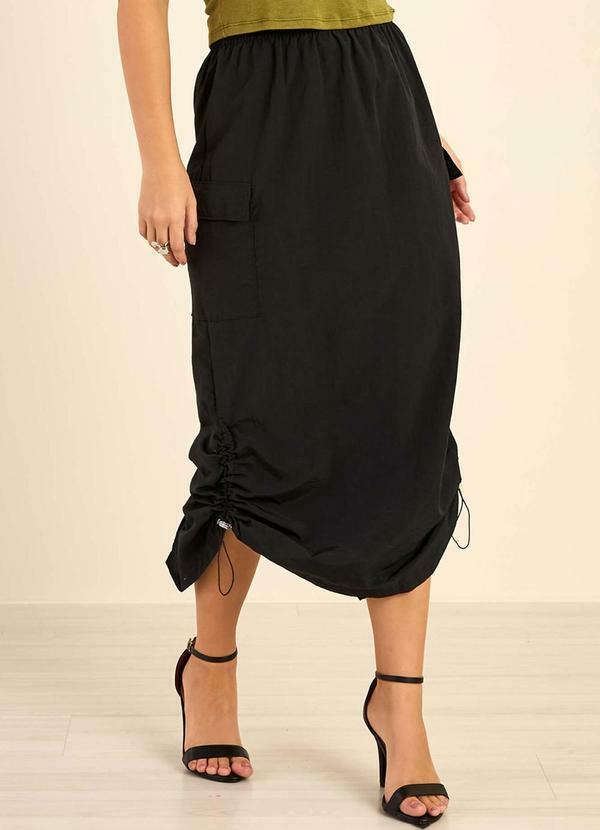 Vista 2 Saia Feminina Cargo Midi Ajustável Preto Marialícia Marialícia