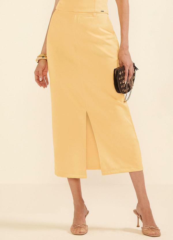 Saia Feminina Midi Alfaiataria Fenda Amarelo