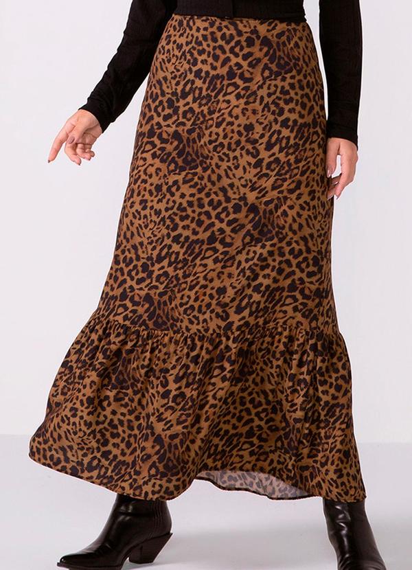 Vista 2 Saia Feminina Midi Babado Animal Print Marrom Marialícia Marialícia