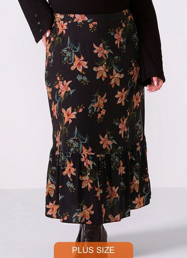 Vista 2 Saia Feminina Midi Babado Floral Preto Marialícia Marialícia