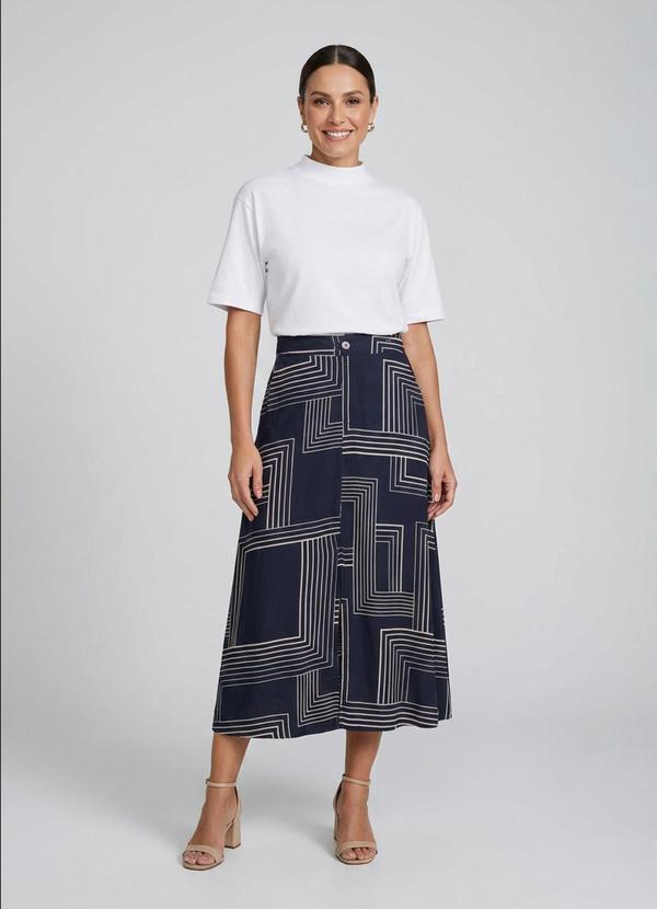 Saia Feminina Midi Estampa Geométrica Azul