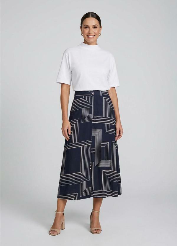 Saia Feminina Midi Estampa Geométrica Azul