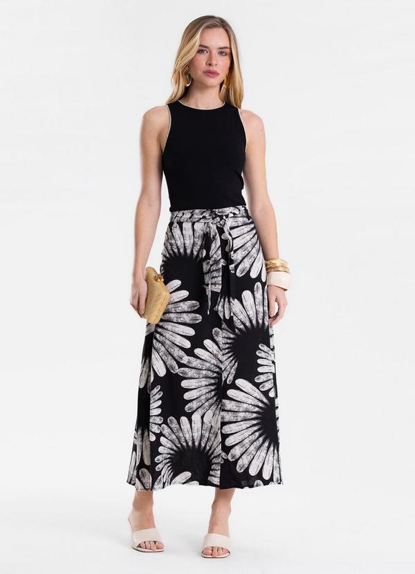 Saia Feminina Midi Evasê Linho Estampada Preto
