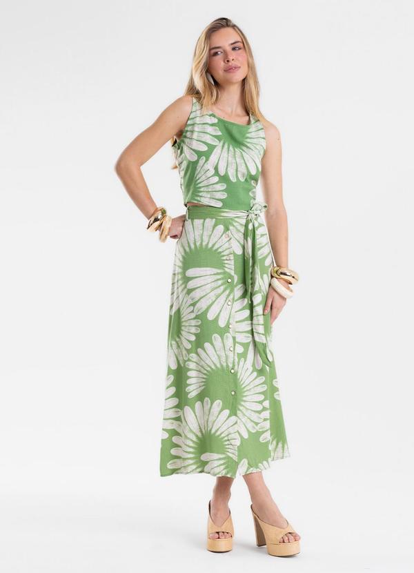 Saia Feminina Midi Evasê Linho Estampada Verde
