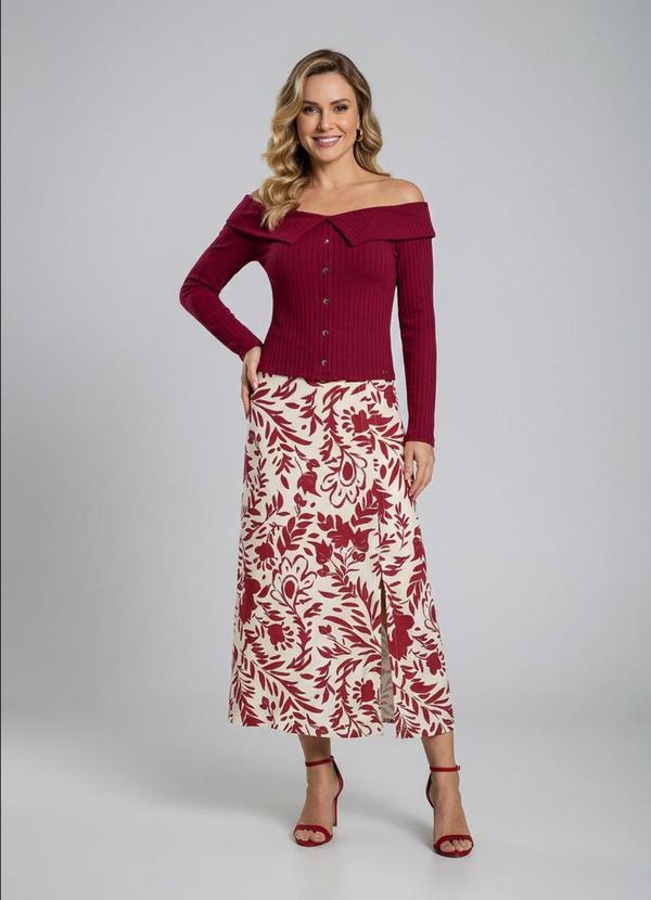 Vista 2 Saia Feminina Midi Floral com Fenda Bege Marialícia Marialícia
