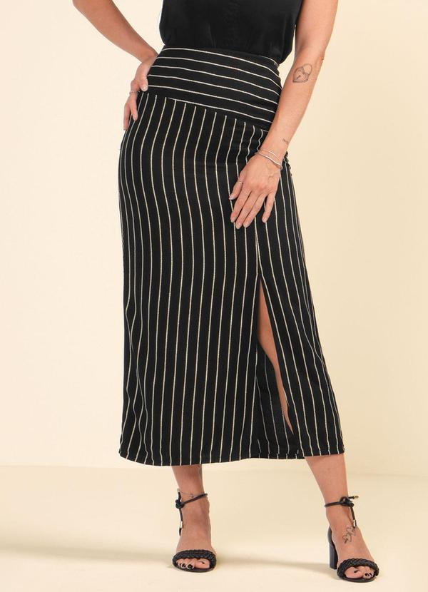 Saia Feminina Midi Listrada com Fenda Preto