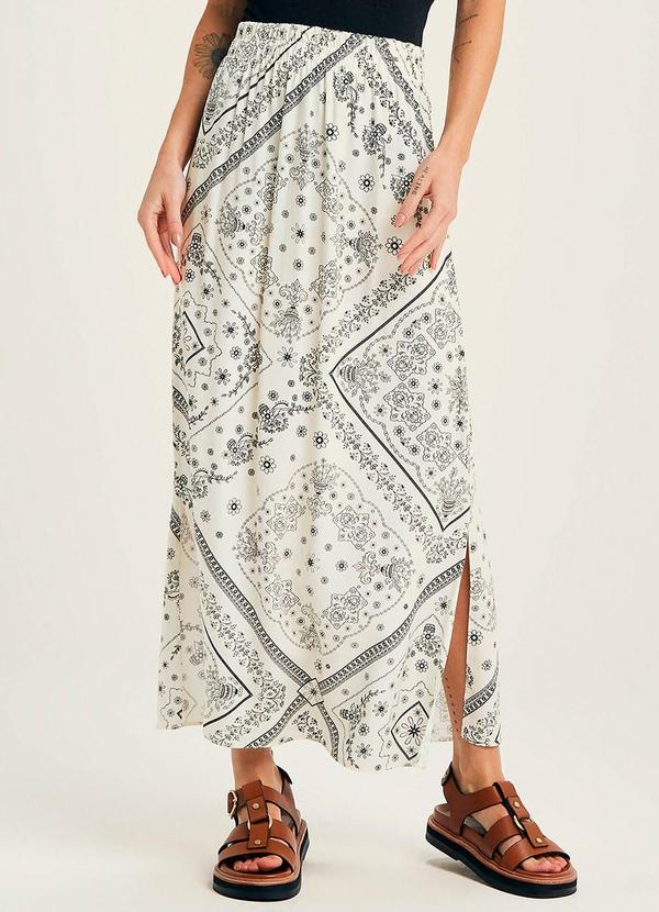 Vista 2 Saia Feminina Midi Padronagem Floral Bege Marialícia Marialícia